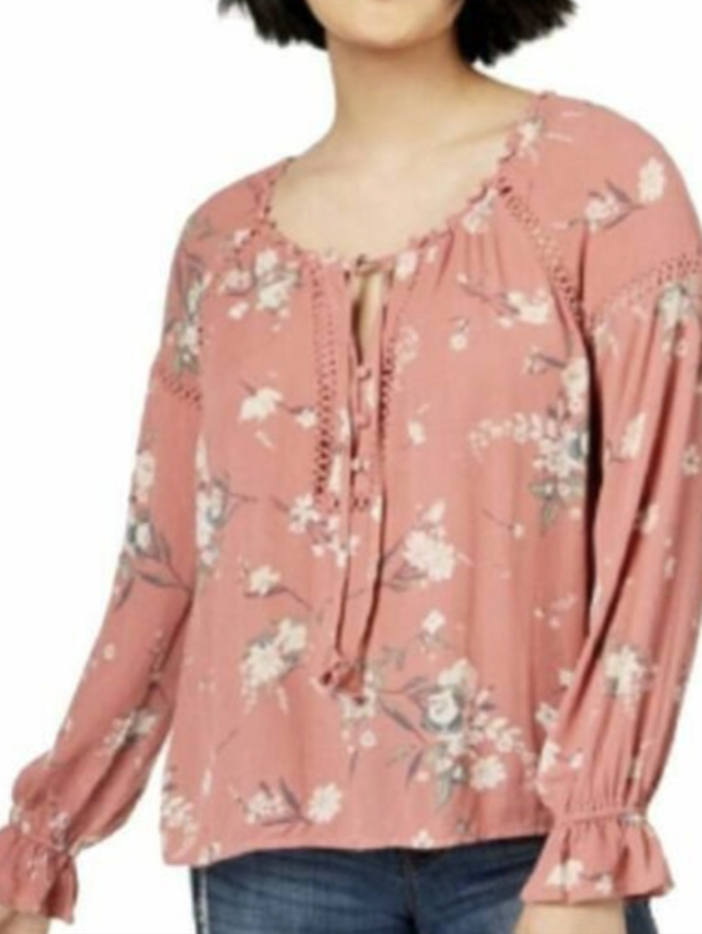 American Rag Women's Rose Floral Bell Long Sleeve Baby Doll Top Size Med NWT